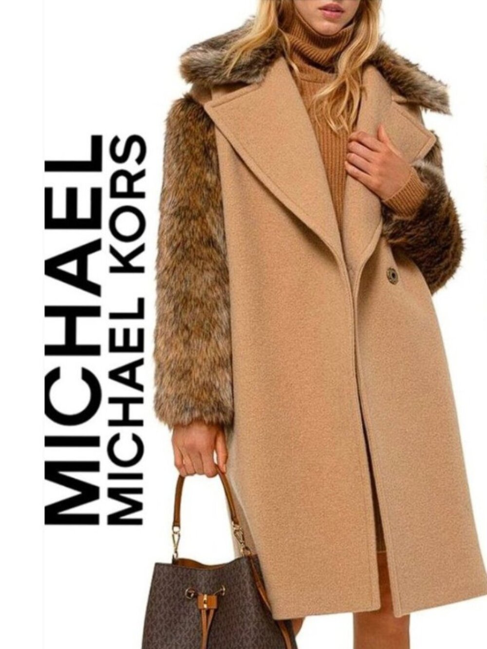 💥SHOWSTOPPER!💥Felted Wool & Faux Wolf Fur Cocoon Coat in Tan